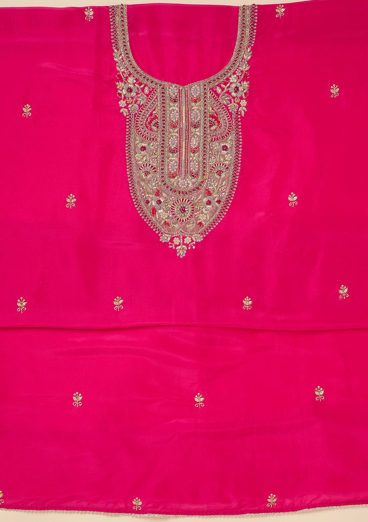 Rani Pink Zariwork (Gold) Semi Crepe Unstitched Salwar Suit-Koskii