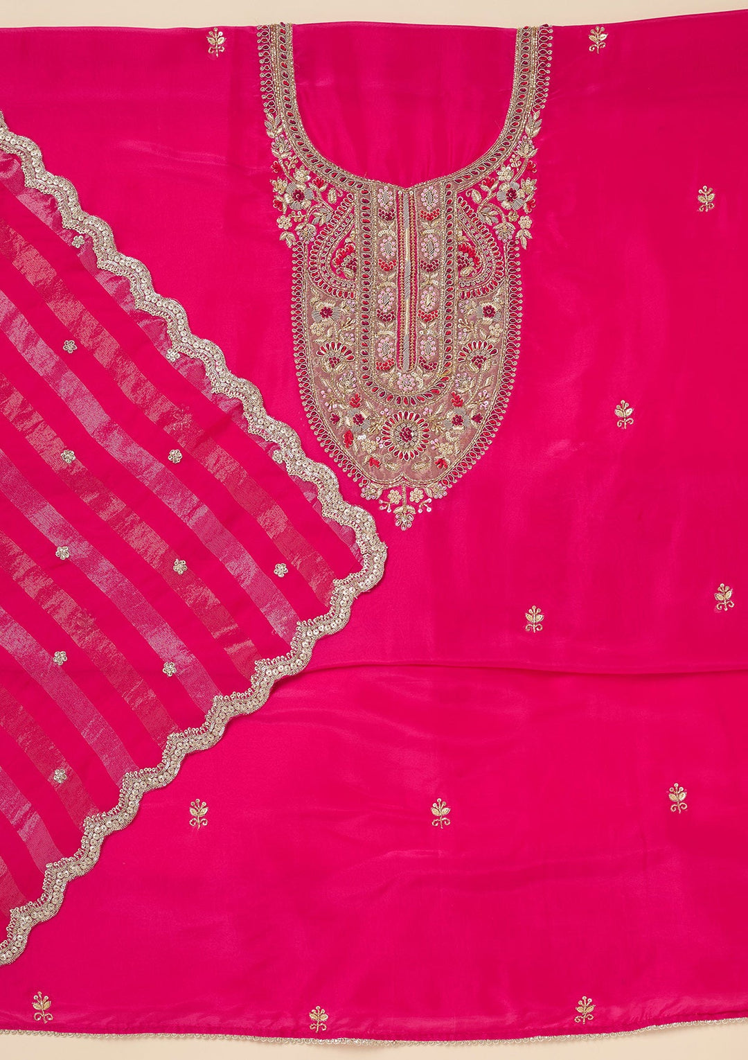 Rani Pink Zariwork (Gold) Semi Crepe Unstitched Salwar Suit-Koskii