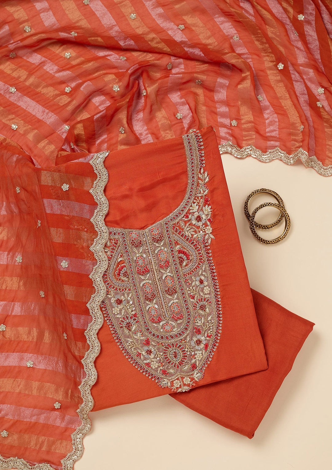 Rust Zariwork (Gold) Semi Crepe Unstitched Salwar Suit-Koskii