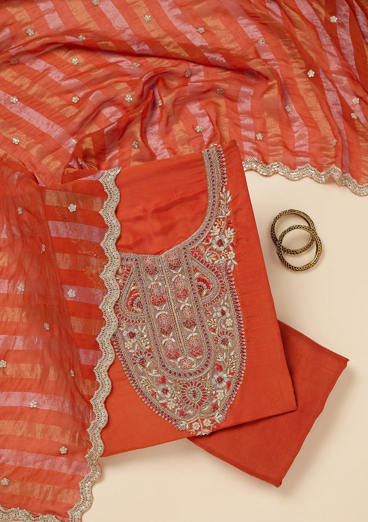 Rust Zariwork (Gold) Semi Crepe Unstitched Salwar Suit-Koskii