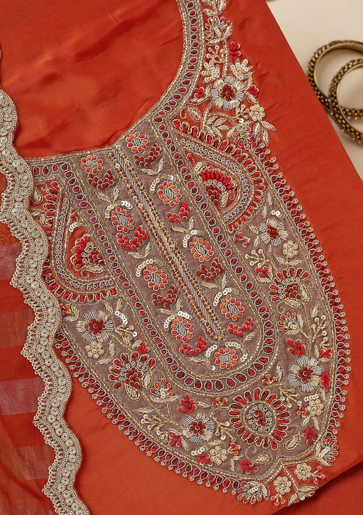 Rust Zariwork (Gold) Semi Crepe Unstitched Salwar Suit-Koskii