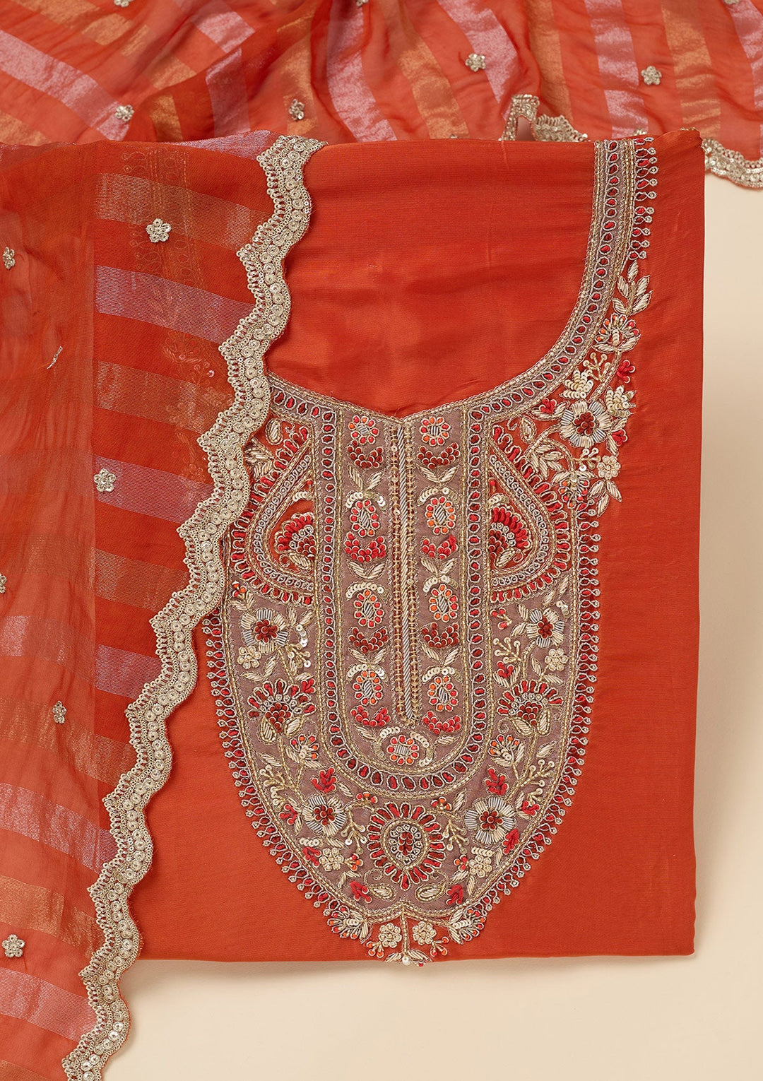 Rust Zariwork (Gold) Semi Crepe Unstitched Salwar Suit-Koskii
