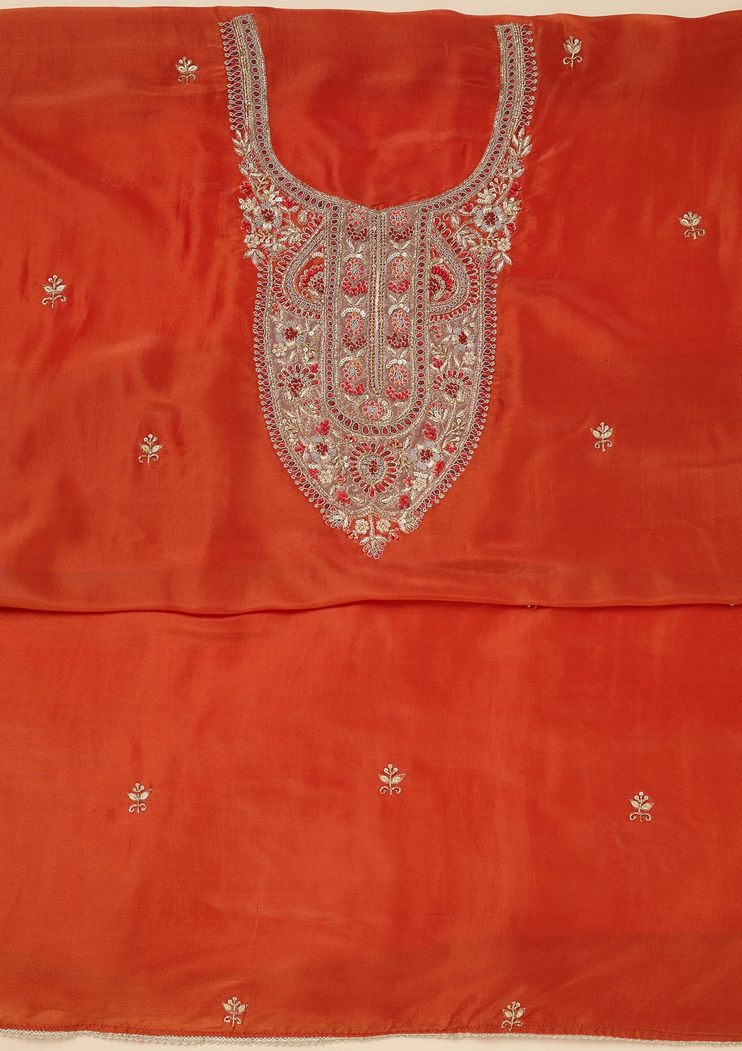 Rust Zariwork (Gold) Semi Crepe Unstitched Salwar Suit-Koskii