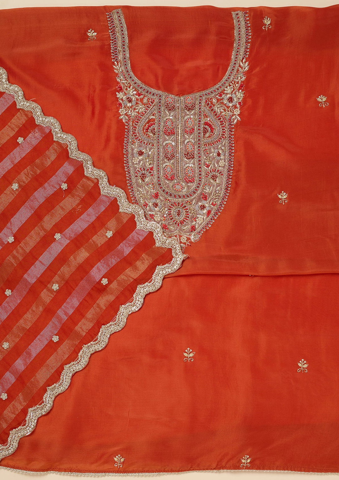 Rust Zariwork (Gold) Semi Crepe Unstitched Salwar Suit-Koskii