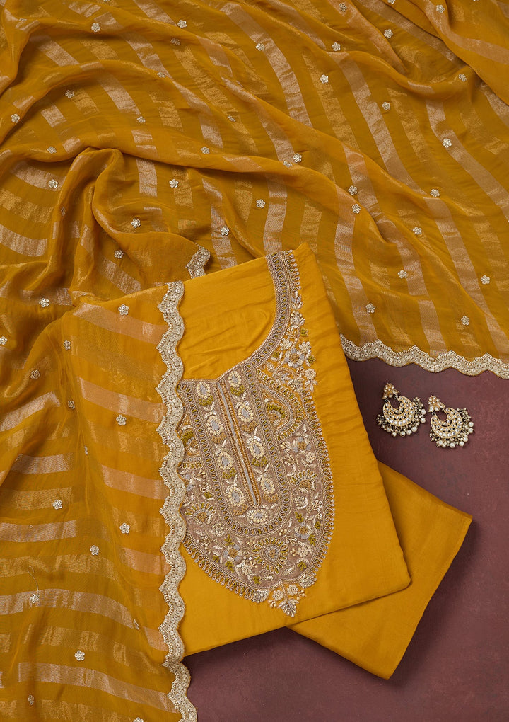 Yellow Zariwork (Gold) Semi Crepe Unstitched Salwar Suit-Koskii
