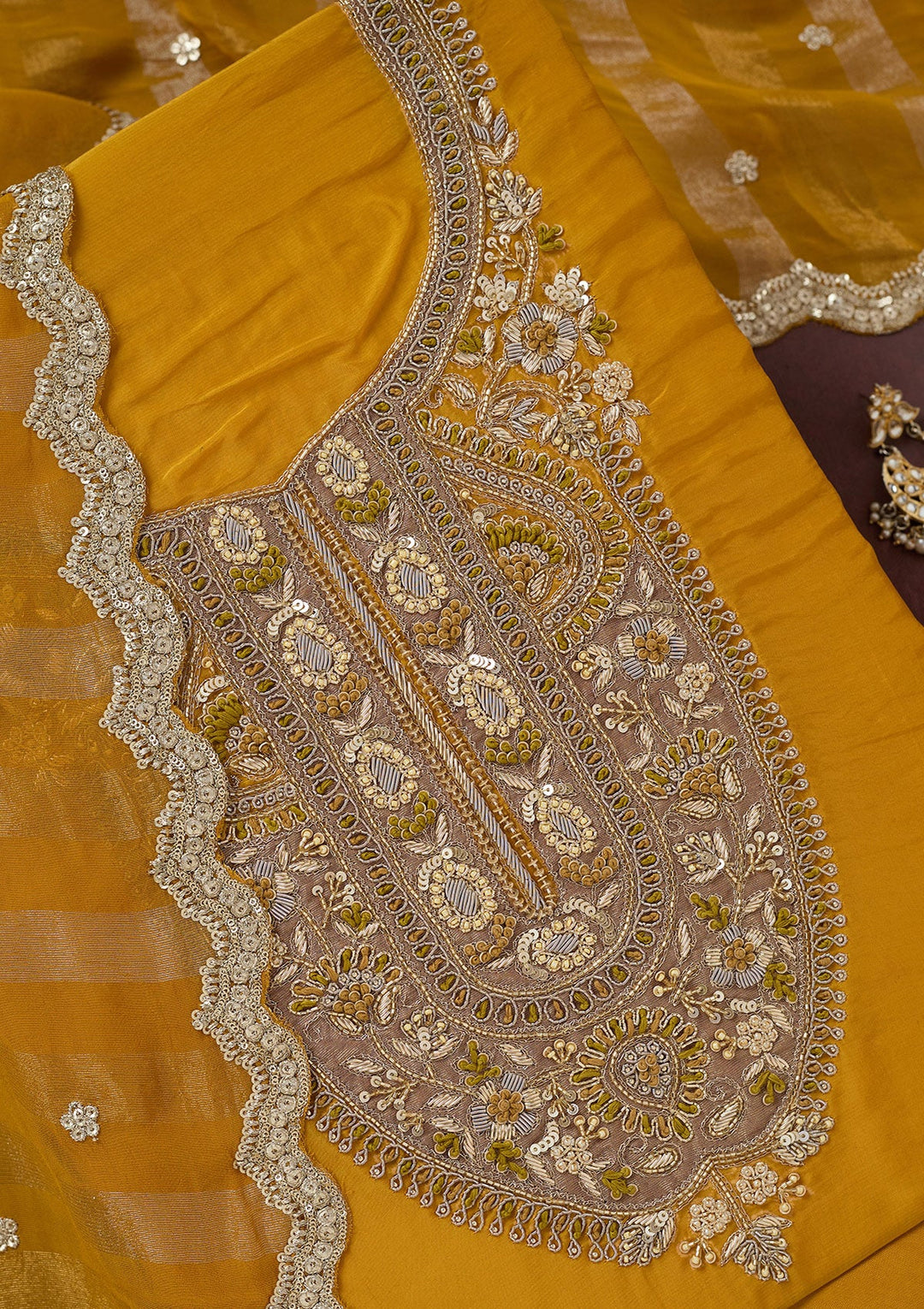 Yellow Zariwork (Gold) Semi Crepe Unstitched Salwar Suit-Koskii