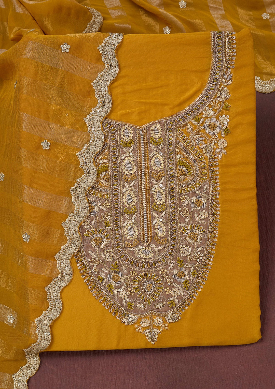 Yellow Zariwork (Gold) Semi Crepe Unstitched Salwar Suit-Koskii