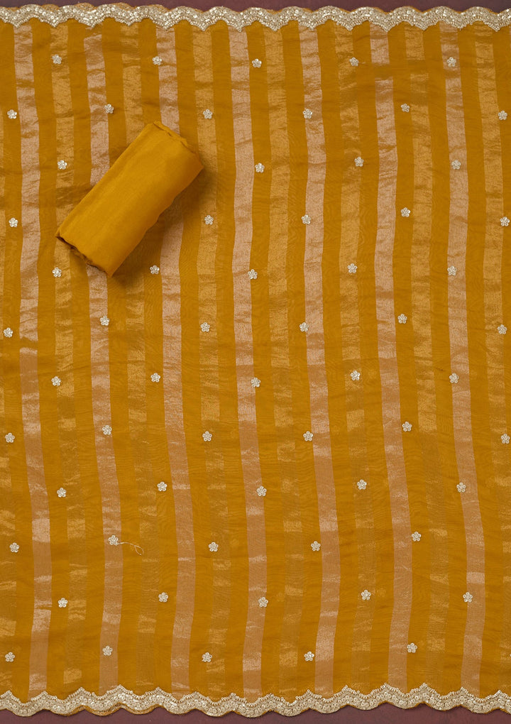 Yellow Zariwork (Gold) Semi Crepe Unstitched Salwar Suit-Koskii