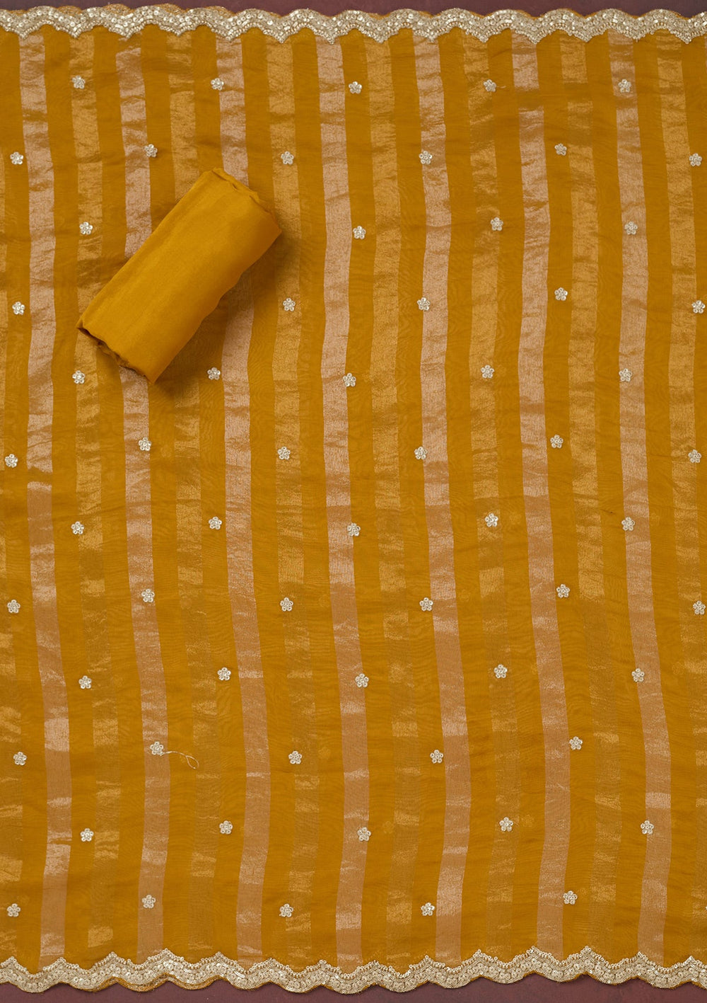 White Zariwork (Gold) Chinon Unstitched Salwar Suit-Koskii