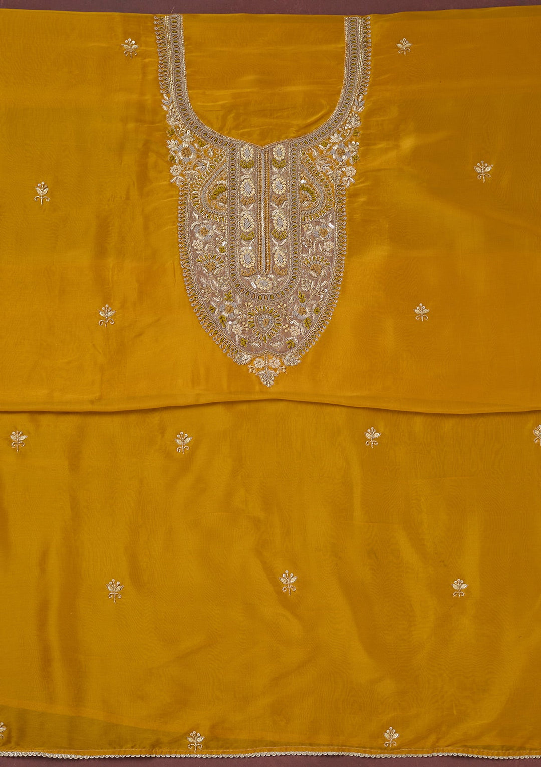 Yellow Zariwork (Gold) Semi Crepe Unstitched Salwar Suit-Koskii
