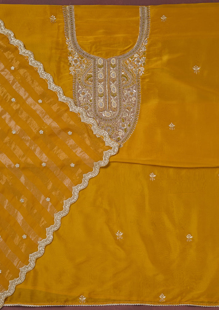 Yellow Zariwork (Gold) Semi Crepe Unstitched Salwar Suit-Koskii