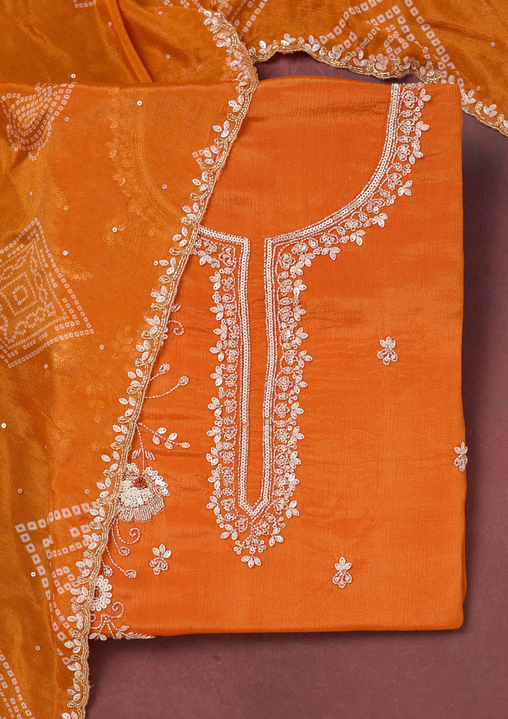 Orange Cutdana Crepe Unstitched Salwar Suit-Koskii