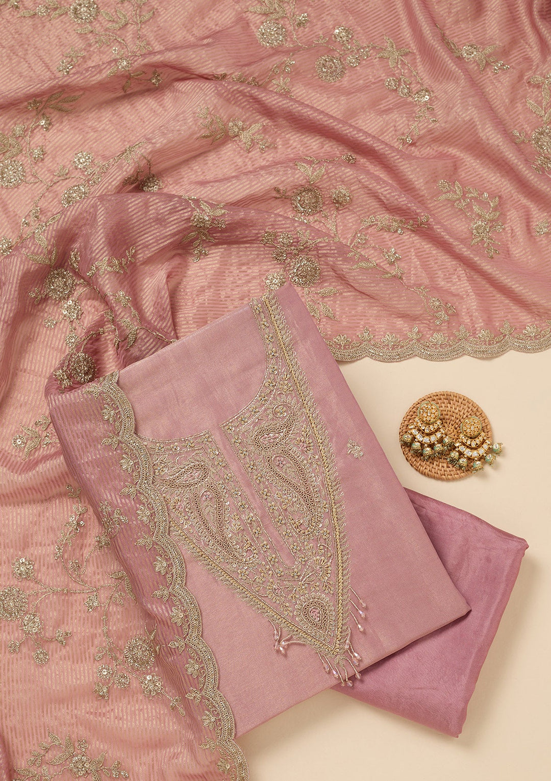 Pink Sequins Organza Unstitched Salwar Suit-koskii