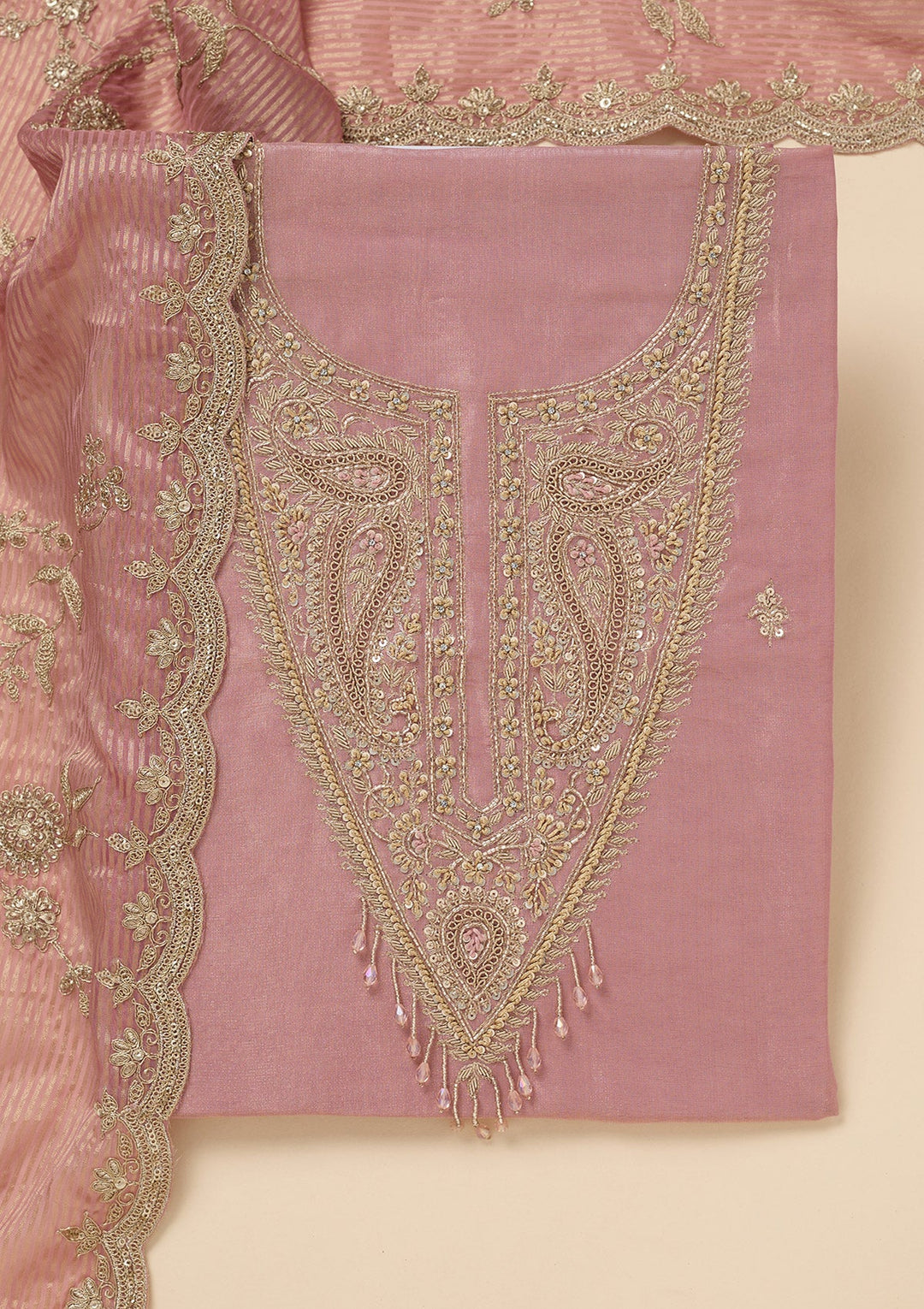 Pink Sequins Organza Unstitched Salwar Suit