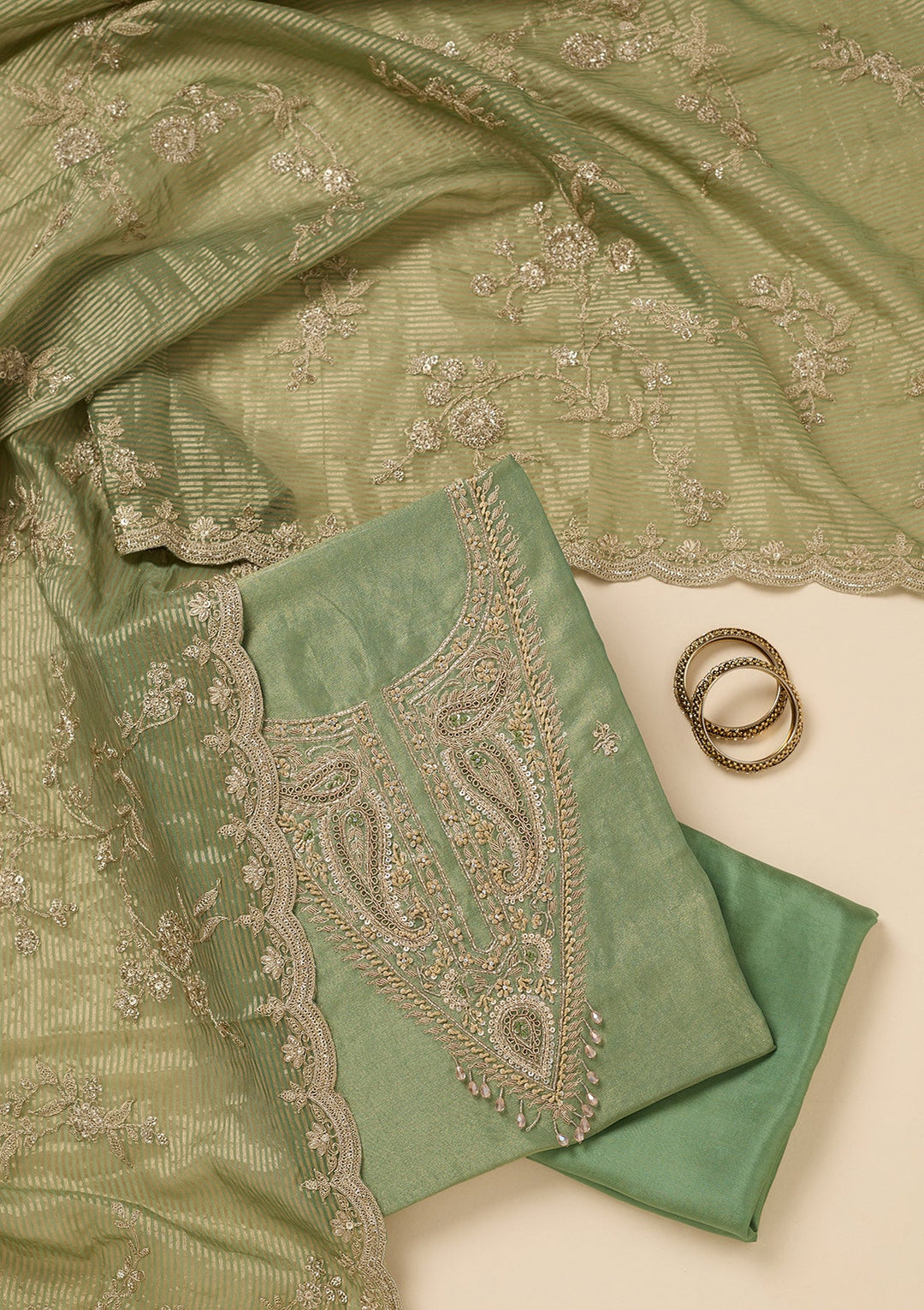 Pista Green Sequins Organza Unstitched Salwar Suit-koskii