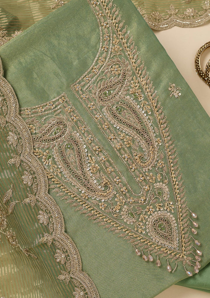 Pista Green Sequins Organza Unstitched Salwar Suit
