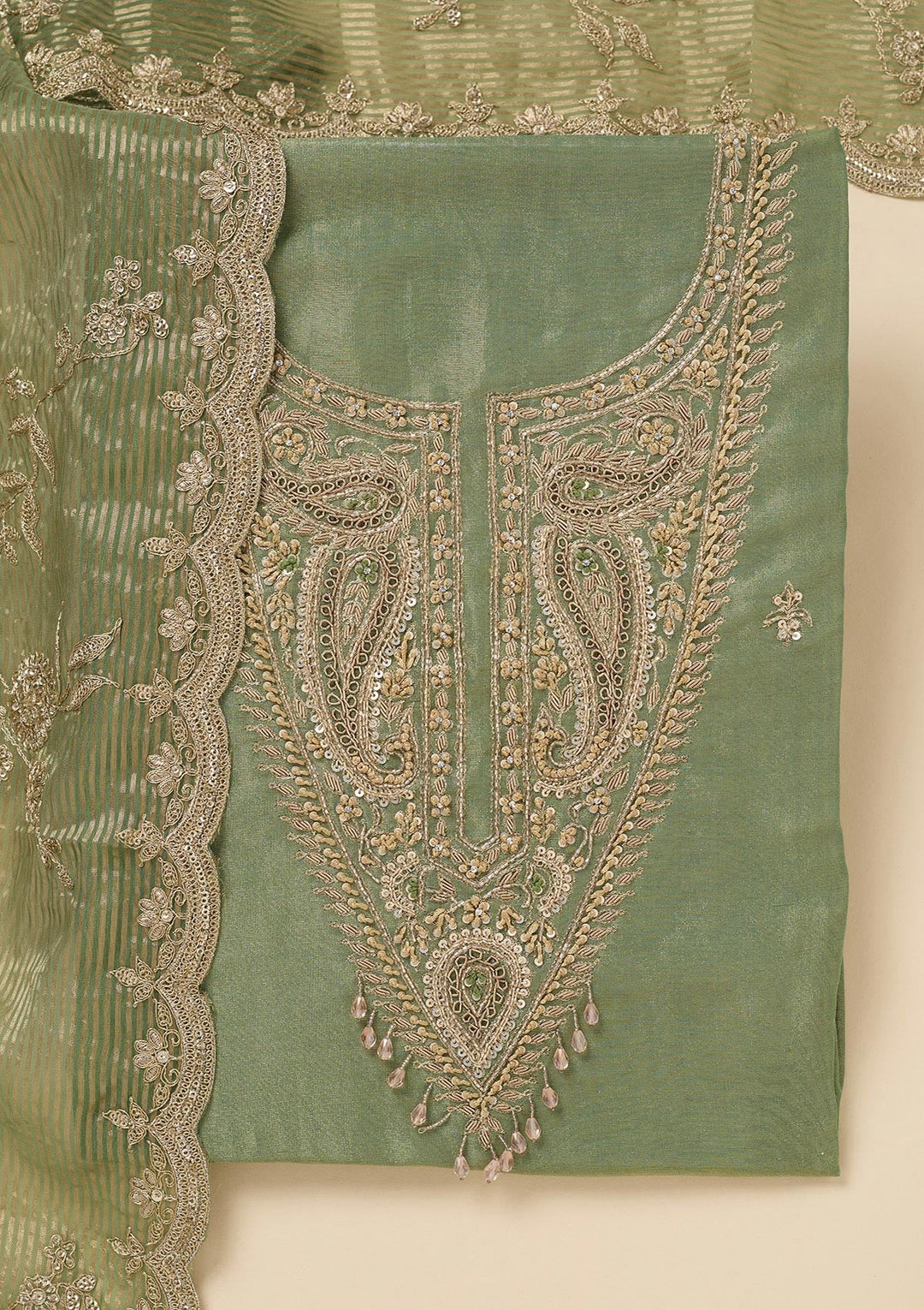 Pista Green Sequins Organza Unstitched Salwar Suit