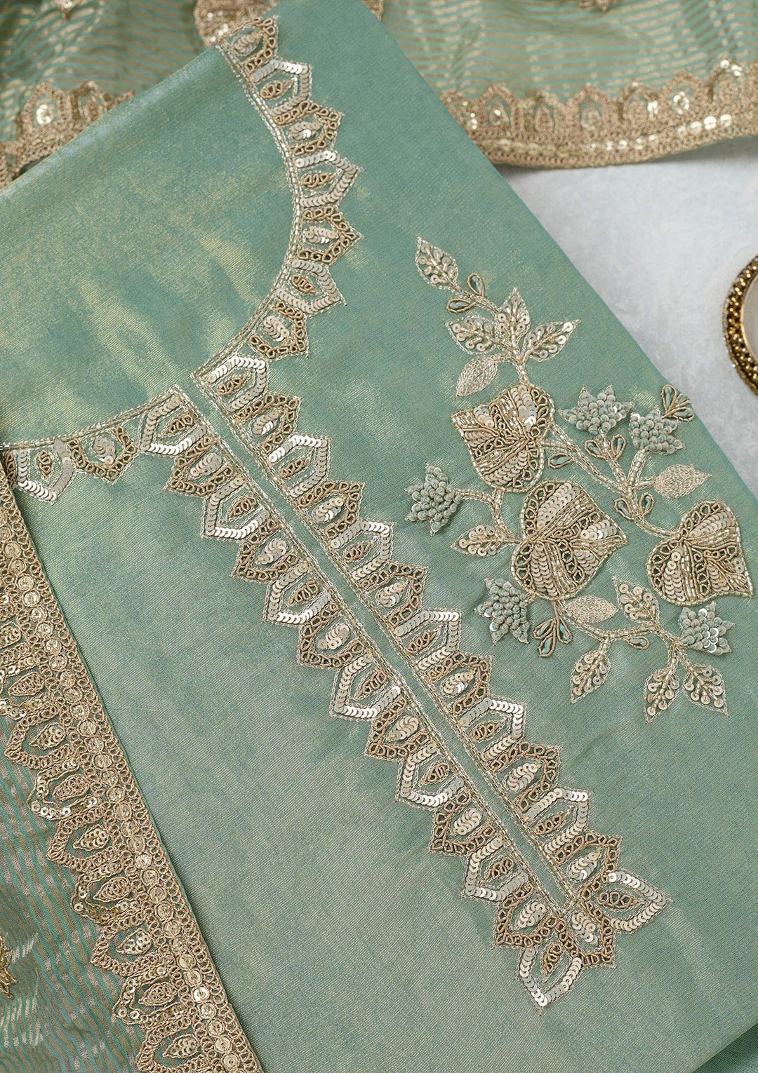 Sea Green Sequins Organza Unstitched Salwar Suit-Koskii