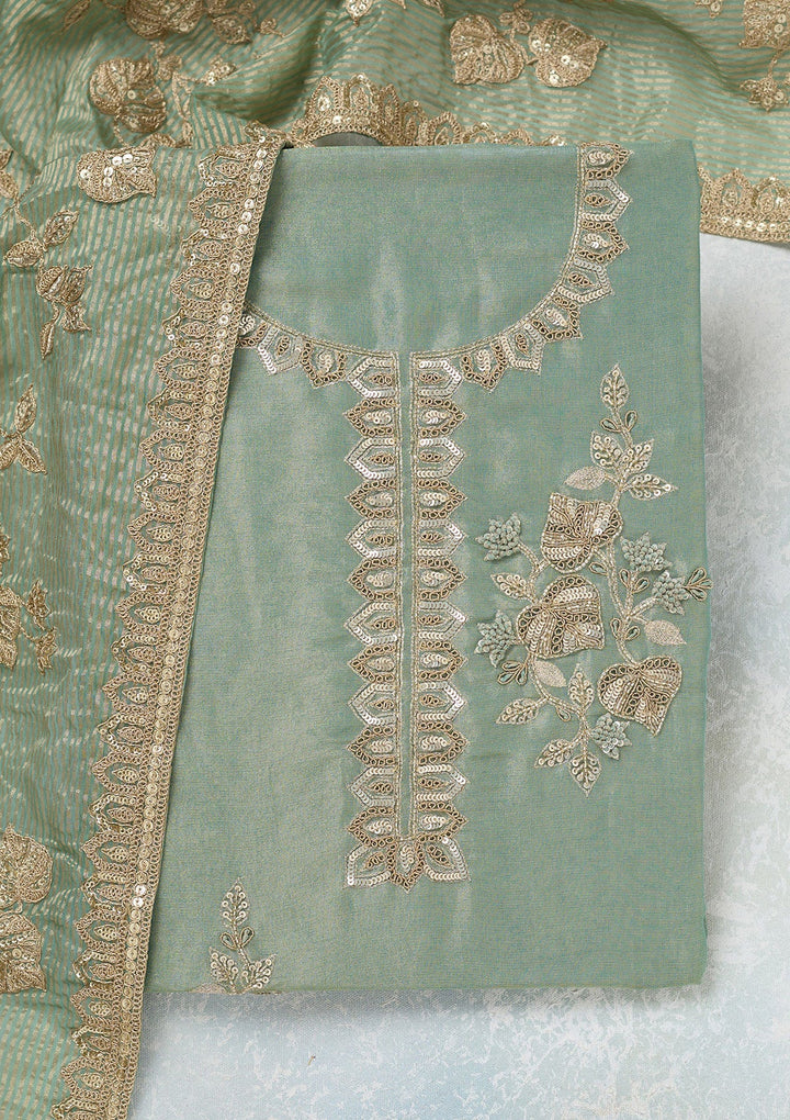 Sea Green Sequins Organza Unstitched Salwar Suit-Koskii