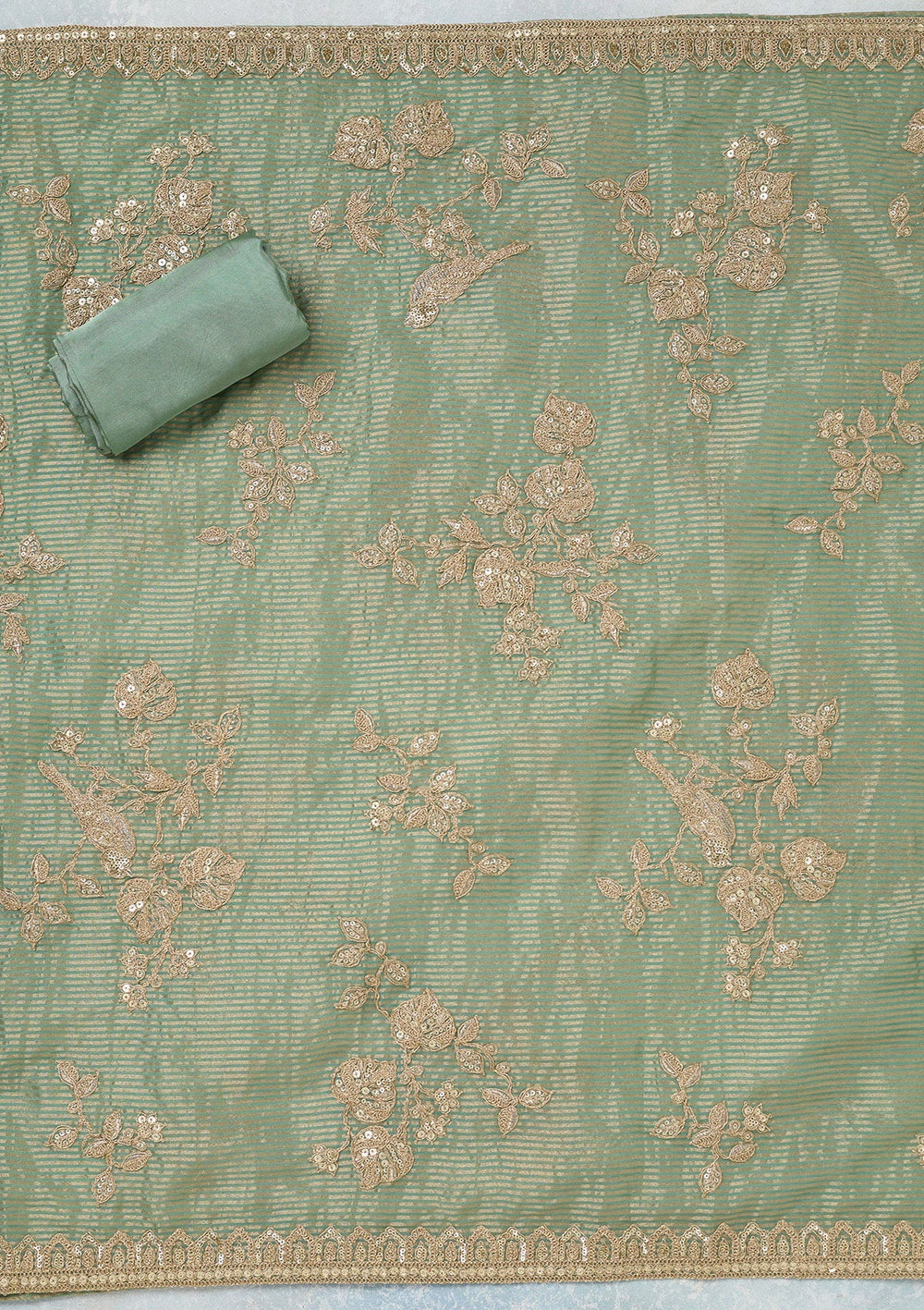 Sea Green Sequins Organza Unstitched Salwar Suit-Koskii