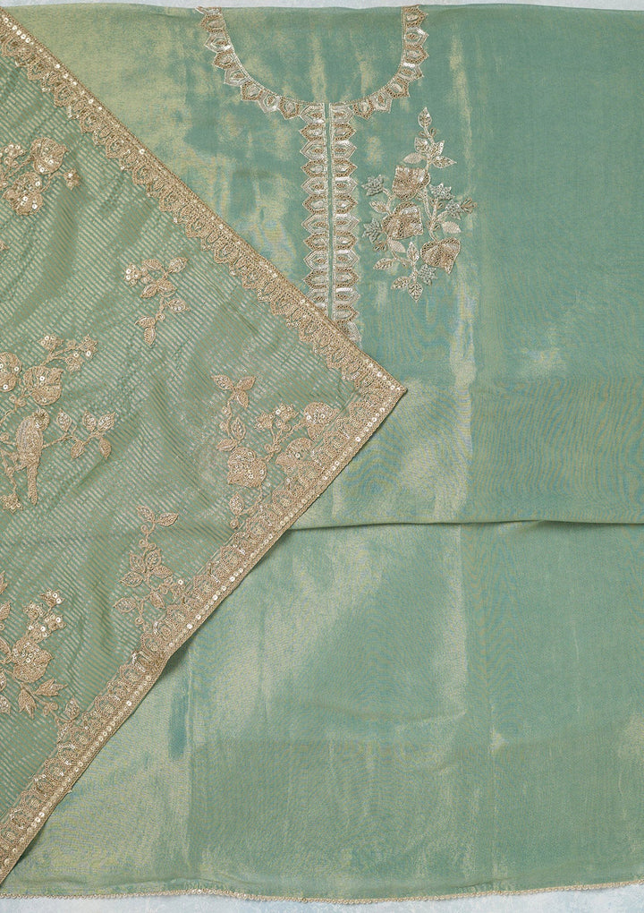 Sea Green Sequins Organza Unstitched Salwar Suit-Koskii
