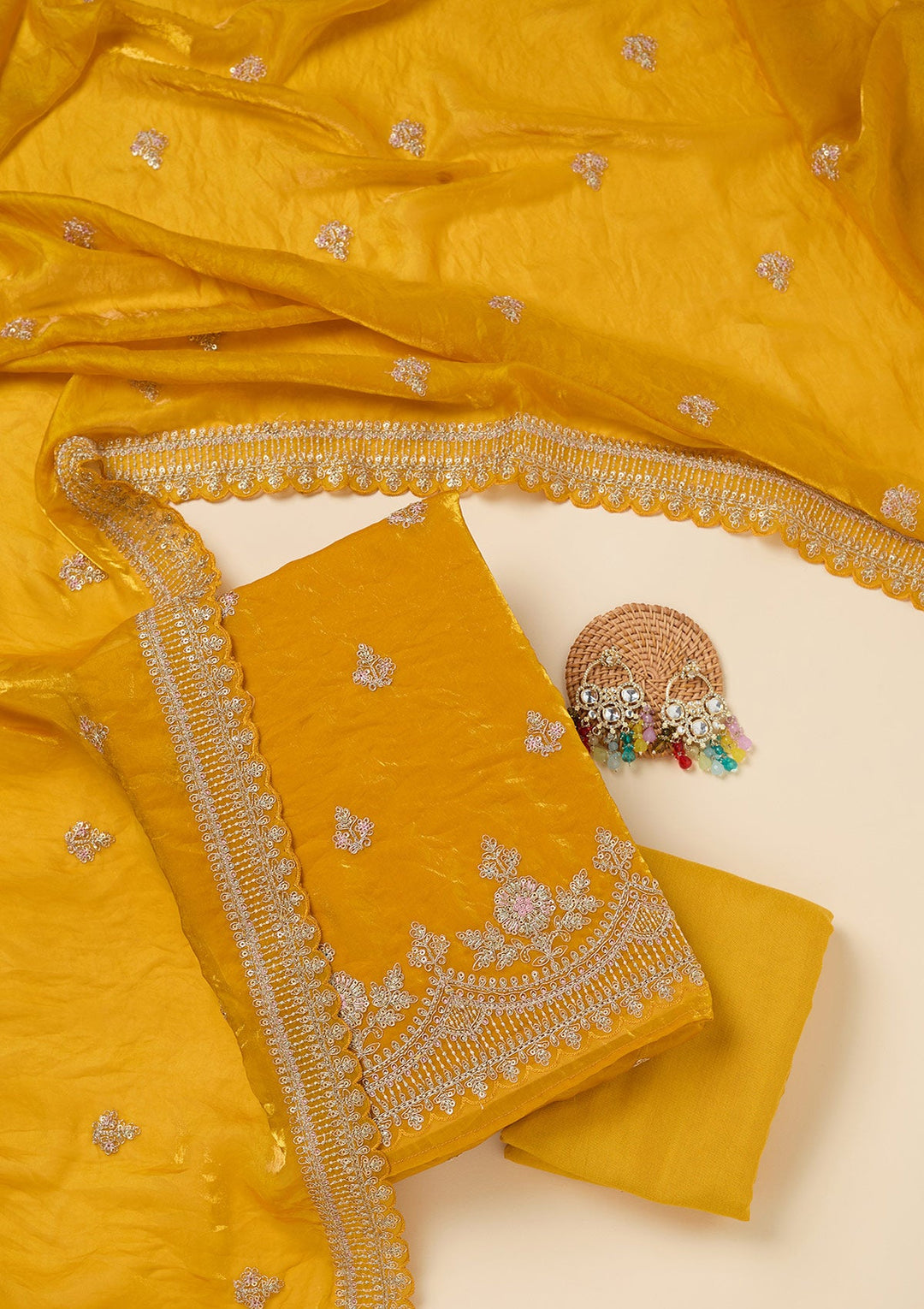 Mustard Zariwork (Gold) Soft Raw Silk Unstitched Salwar Suit-Koskii