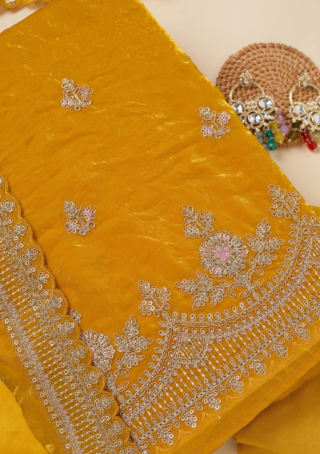 Mustard Zariwork (Gold) Soft Raw Silk Unstitched Salwar Suit-Koskii