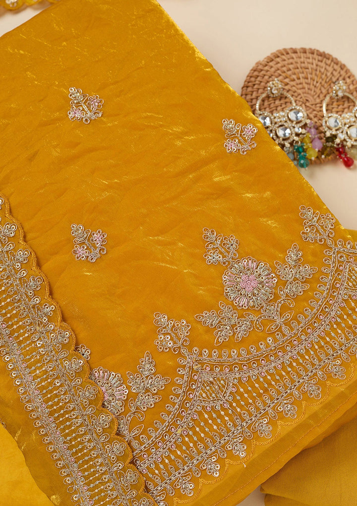 Mustard Zariwork (Gold) Soft Raw Silk Unstitched Salwar Suit-Koskii
