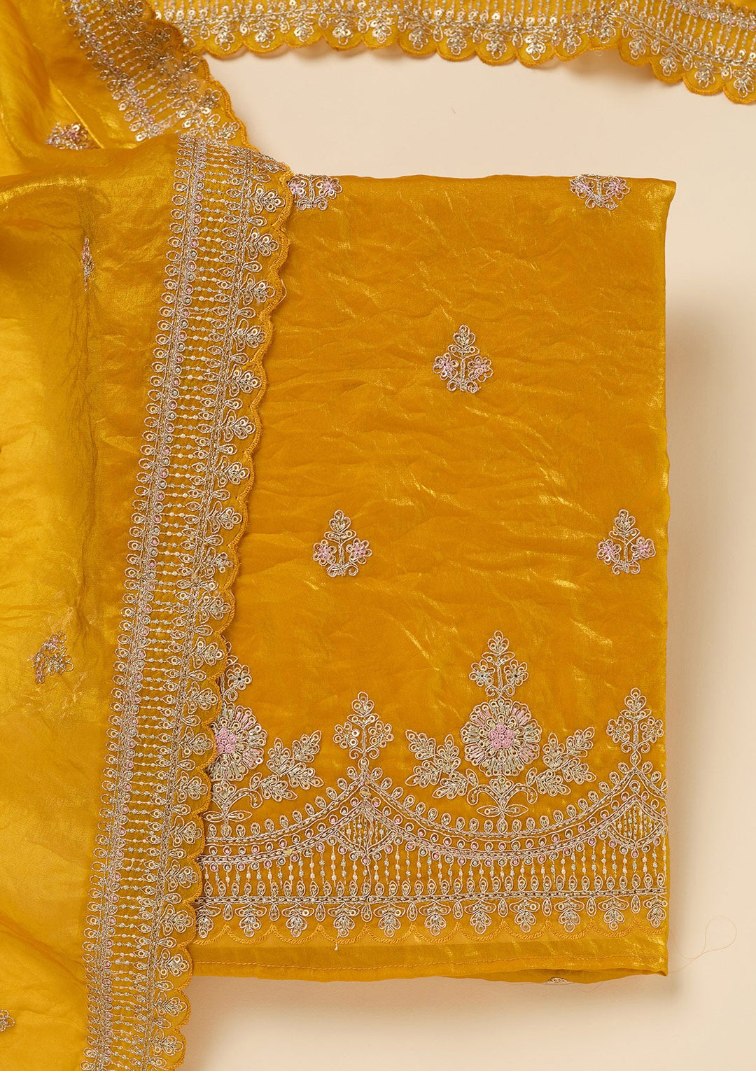 Mustard Zariwork (Gold) Soft Raw Silk Unstitched Salwar Suit-Koskii