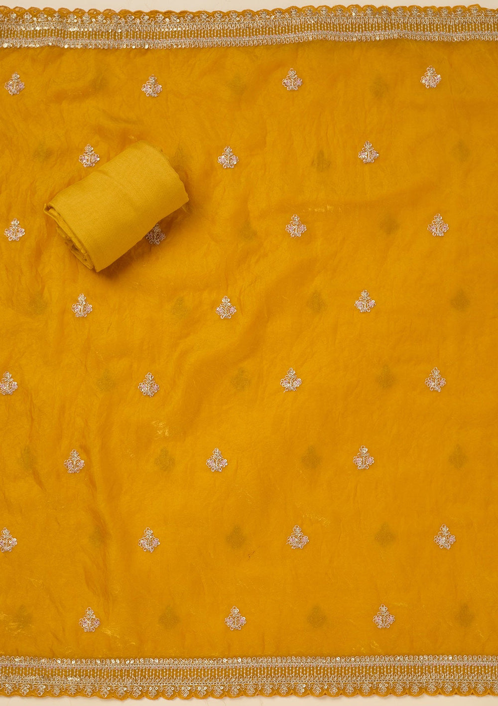 Mustard Zariwork (Gold) Soft Raw Silk Unstitched Salwar Suit-Koskii