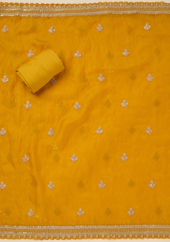 Mustard Zariwork (Gold) Soft Raw Silk Unstitched Salwar Suit-Koskii