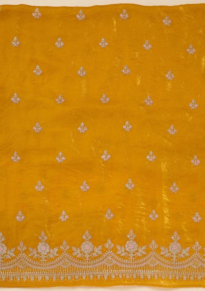 Mustard Zariwork (Gold) Soft Raw Silk Unstitched Salwar Suit-Koskii