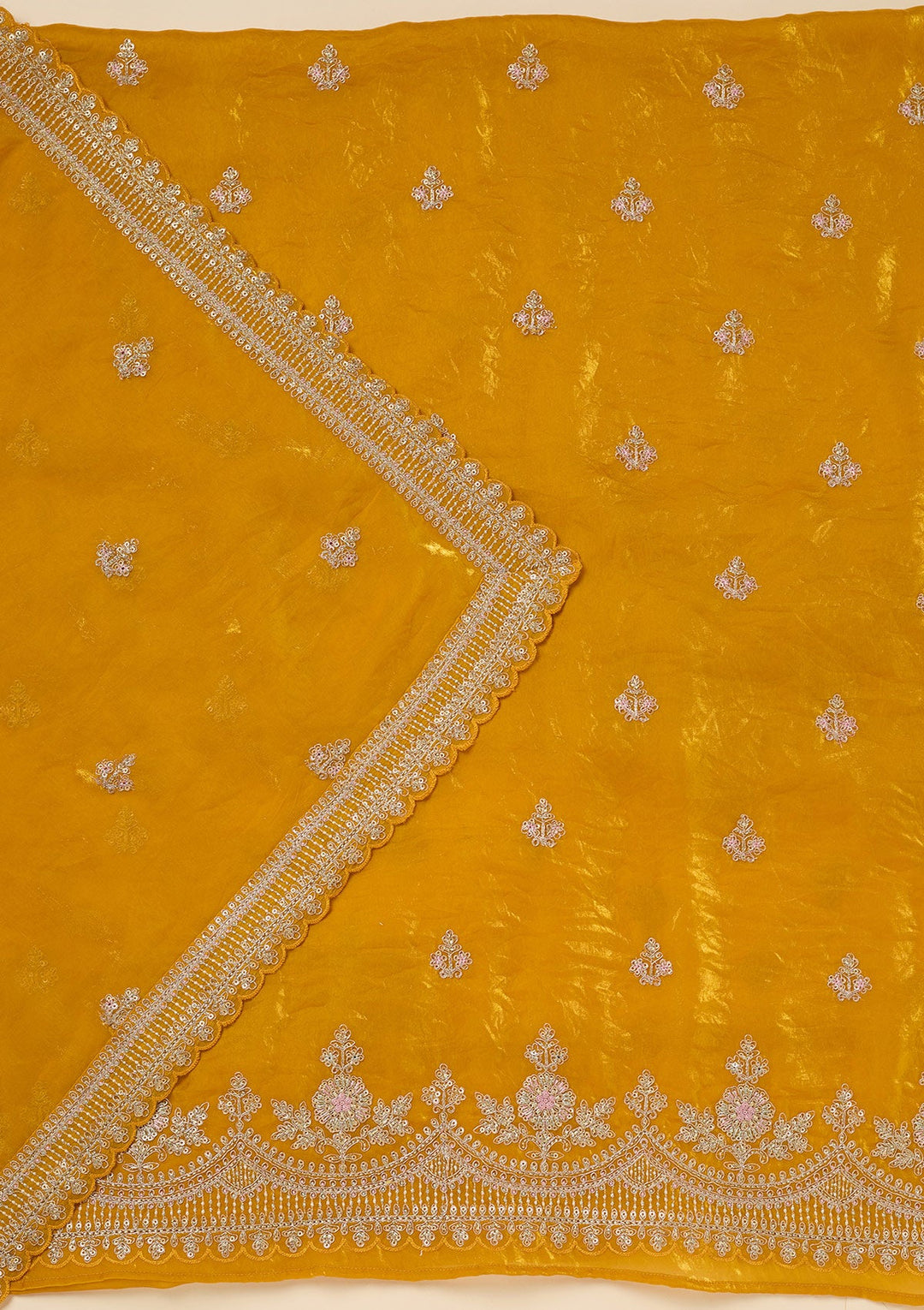 Mustard Zariwork (Gold) Soft Raw Silk Unstitched Salwar Suit-Koskii