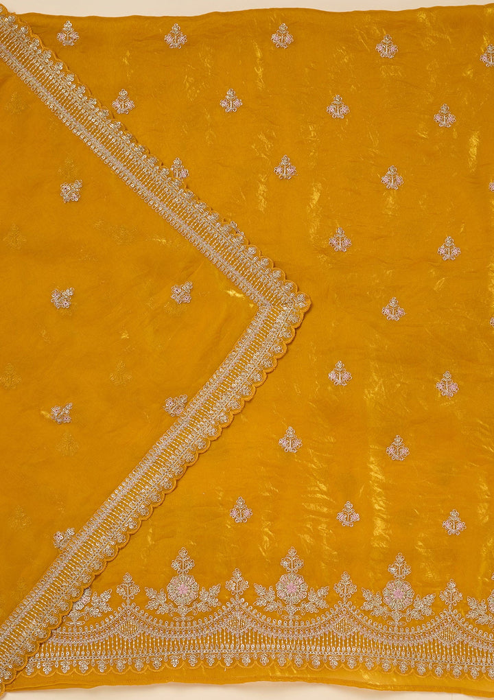 Mustard Zariwork (Gold) Soft Raw Silk Unstitched Salwar Suit-Koskii