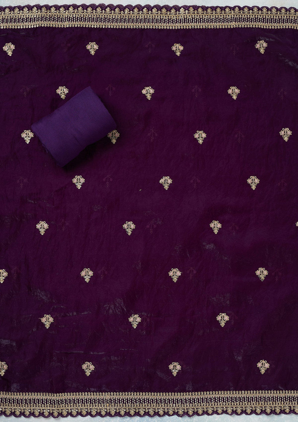 Purple Zariwork (Gold) Soft Raw Silk Unstitched Salwar Suit-Koskii