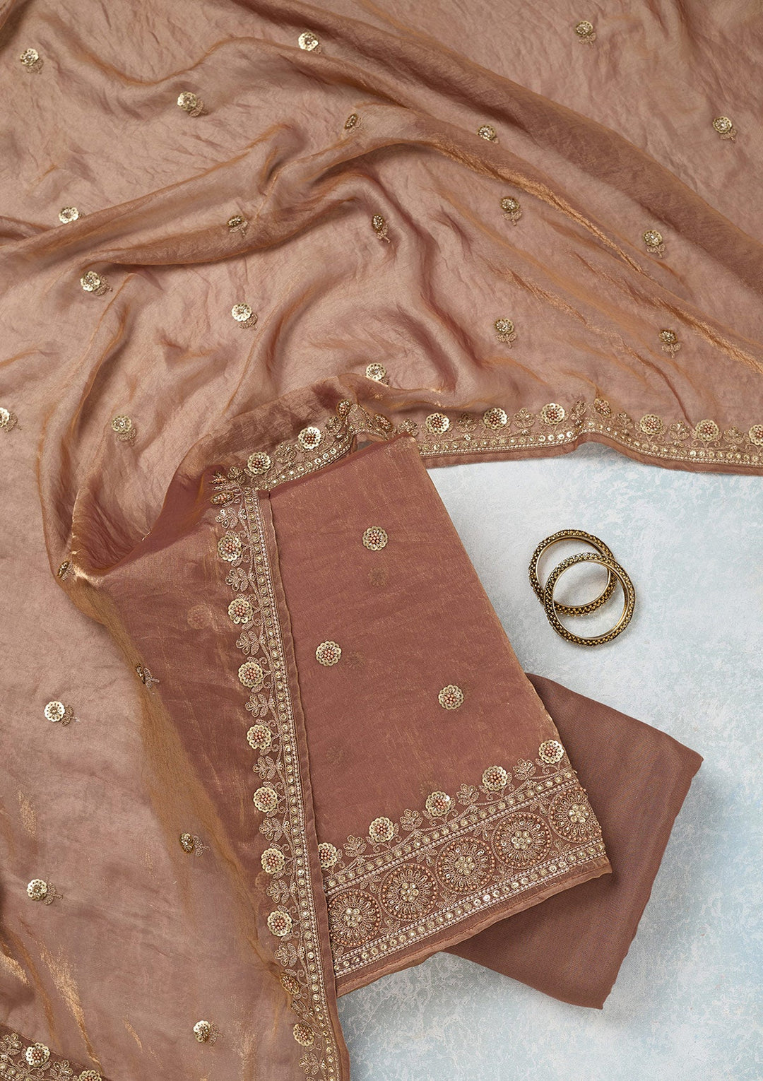 Beige Cording Organza Unstitched Salwar Suit-Koskii