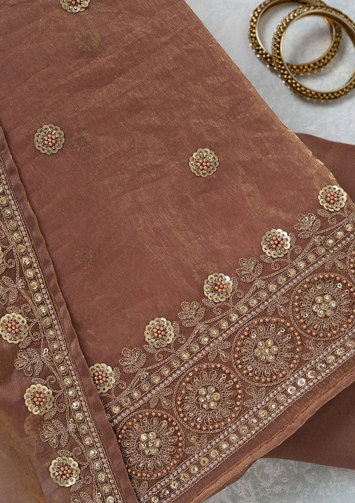 Beige Cording Organza Unstitched Salwar Suit-Koskii