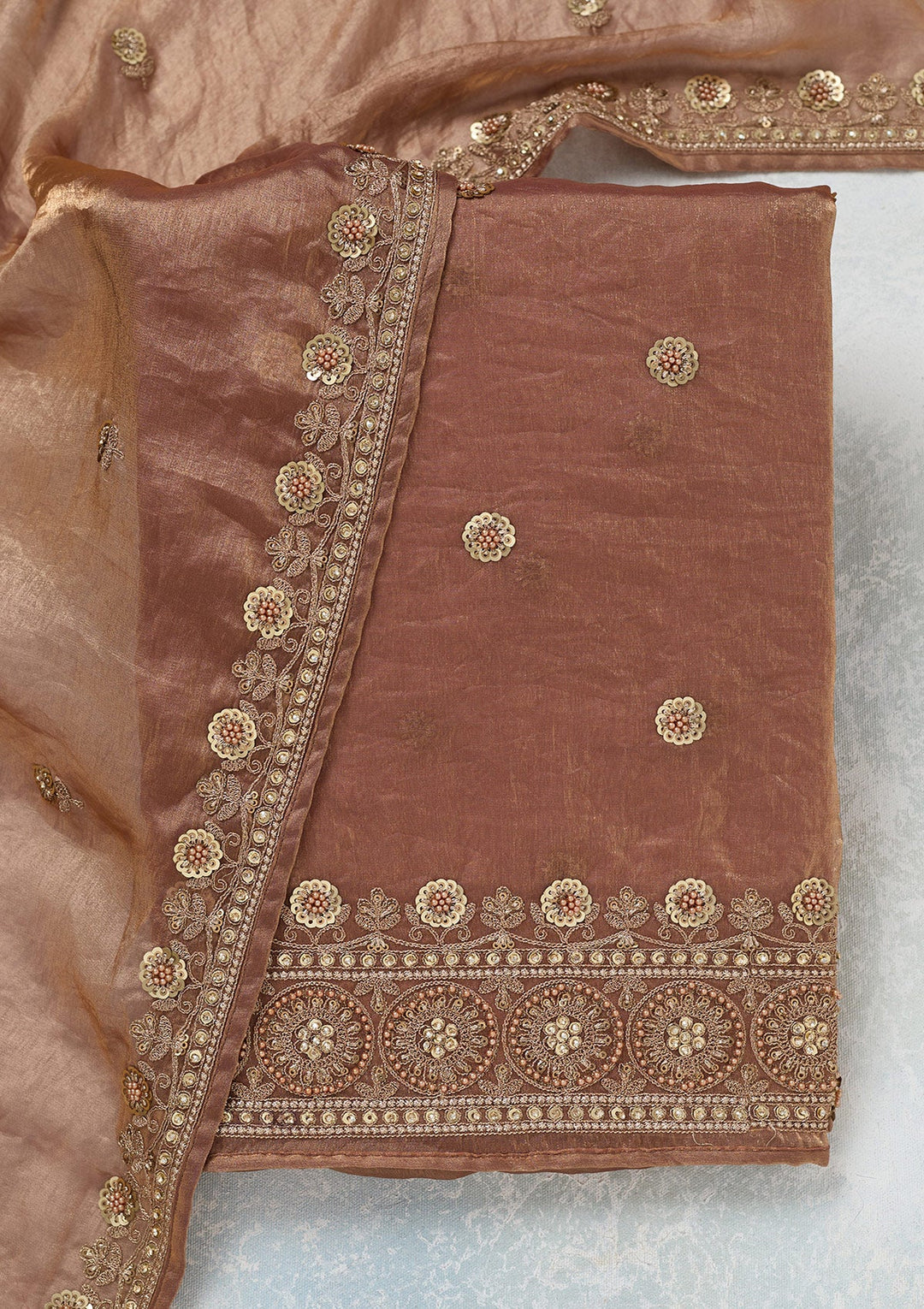 Beige Cording Organza Unstitched Salwar Suit-Koskii