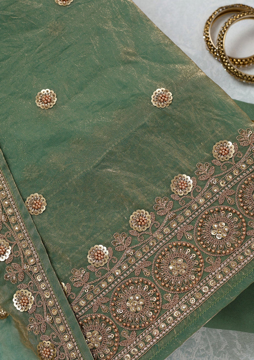 Mehandi Green Cording Organza Unstitched Salwar Suit-Koskii