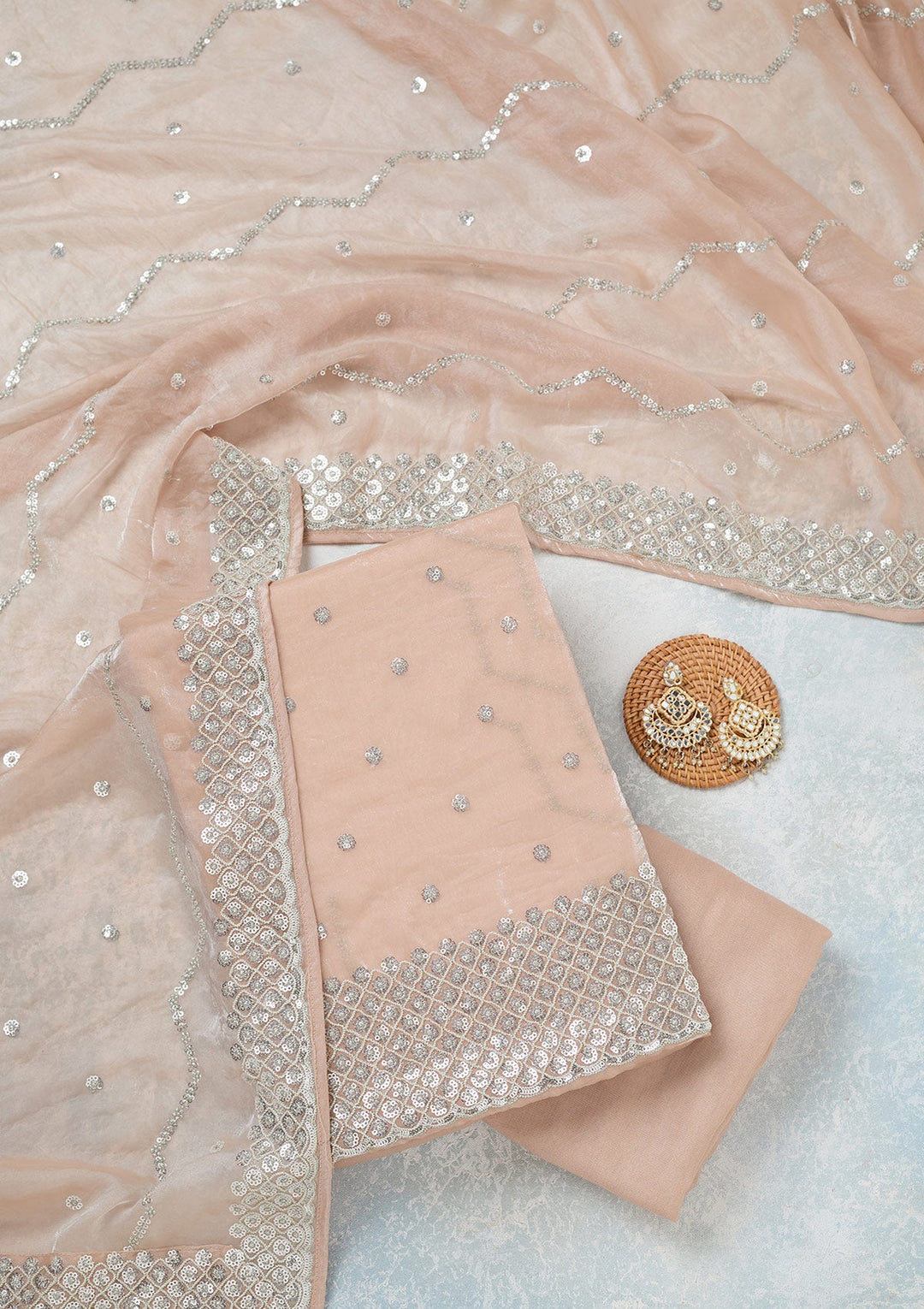 Beige Sequins Organza Unstitched Salwar Suit-Koskii