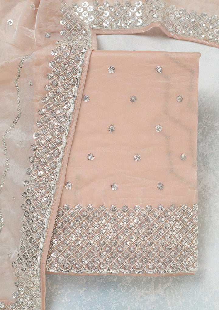 Beige Sequins Organza Unstitched Salwar Suit-Koskii