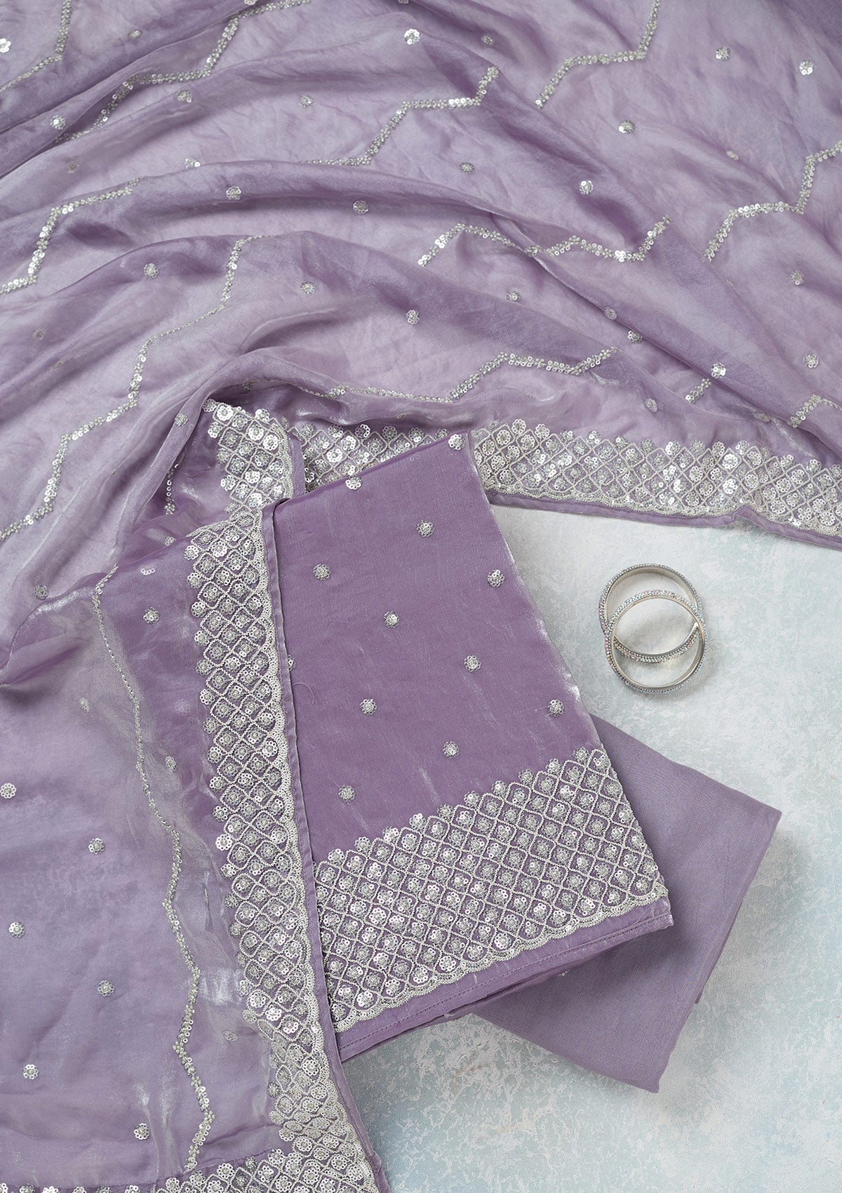 Lavender Sequins Organza Unstitched Salwar Suit-Koskii