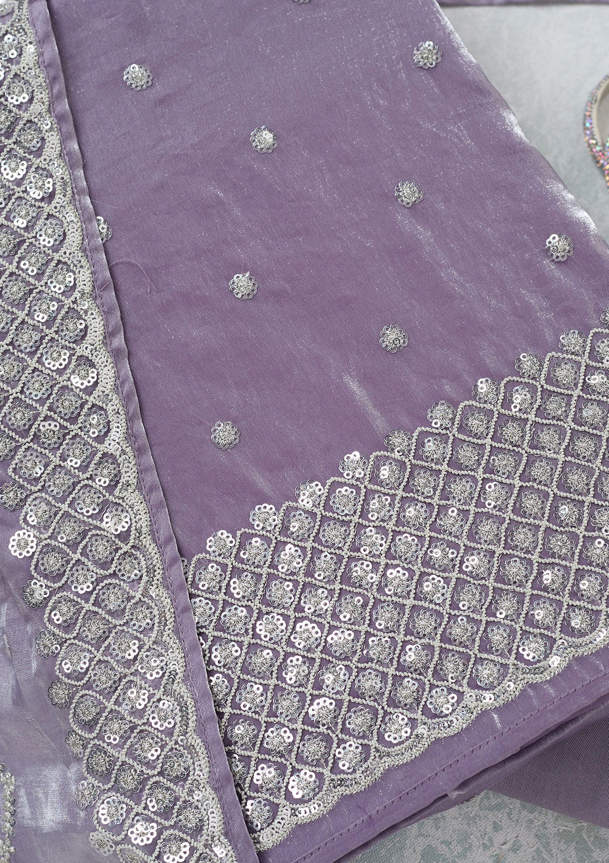 Lavender Sequins Organza Unstitched Salwar Suit-Koskii