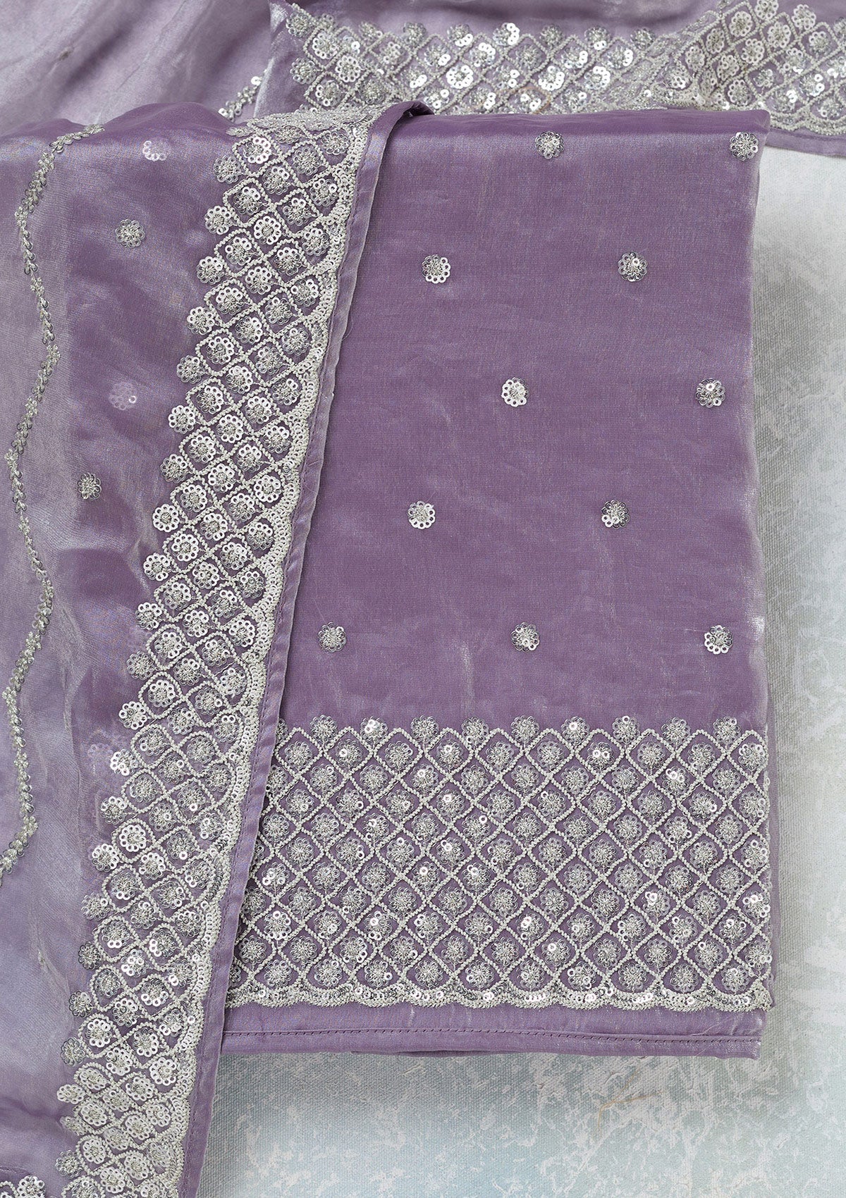 Lavender Sequins Organza Unstitched Salwar Suit-Koskii