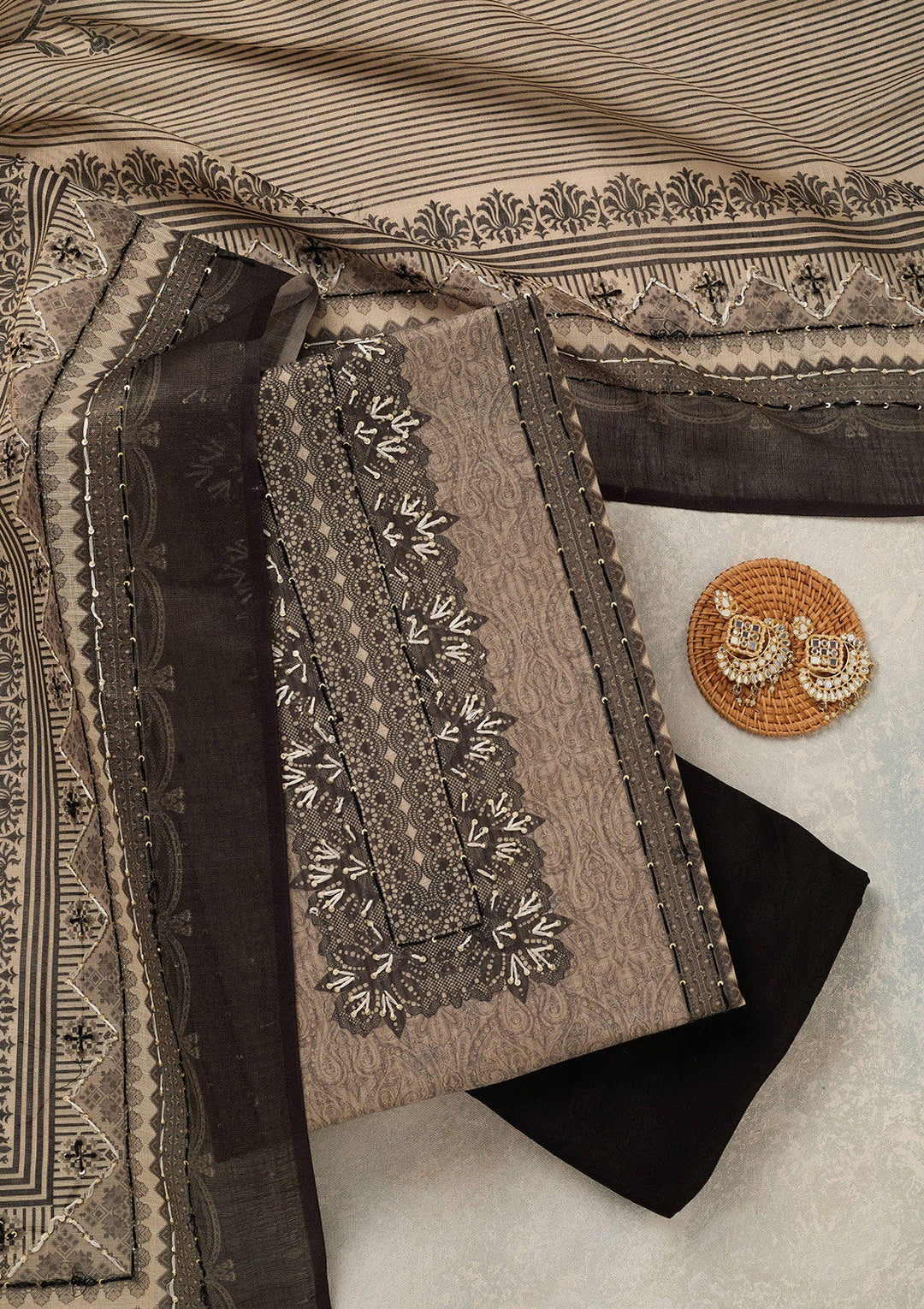 Beige Threadwork Chanderi Unstitched Salwar Suit_koskii