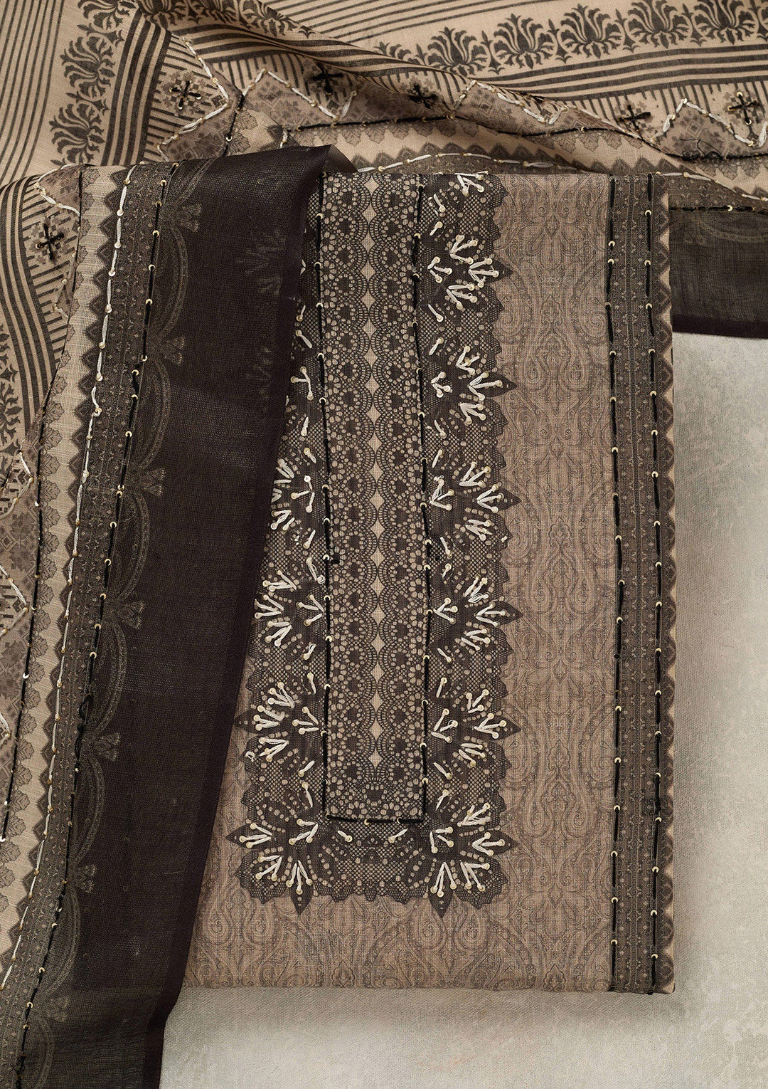 Beige Threadwork Chanderi Unstitched Salwar Suit_koskii