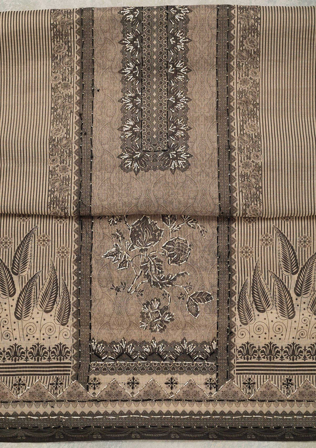 Beige Threadwork Chanderi Unstitched Salwar Suit_koskii