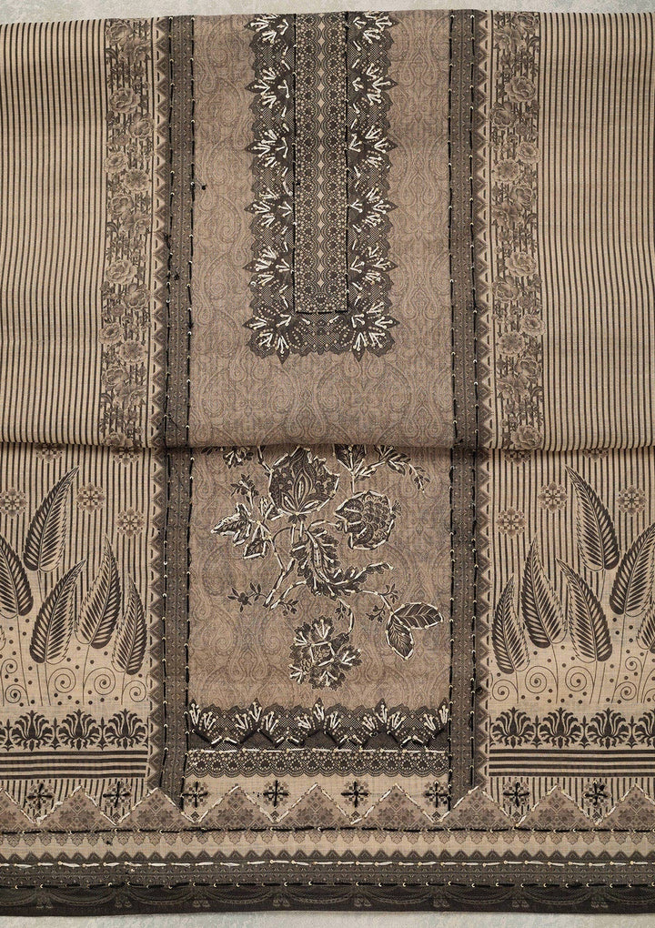 Beige Threadwork Chanderi Unstitched Salwar Suit_koskii