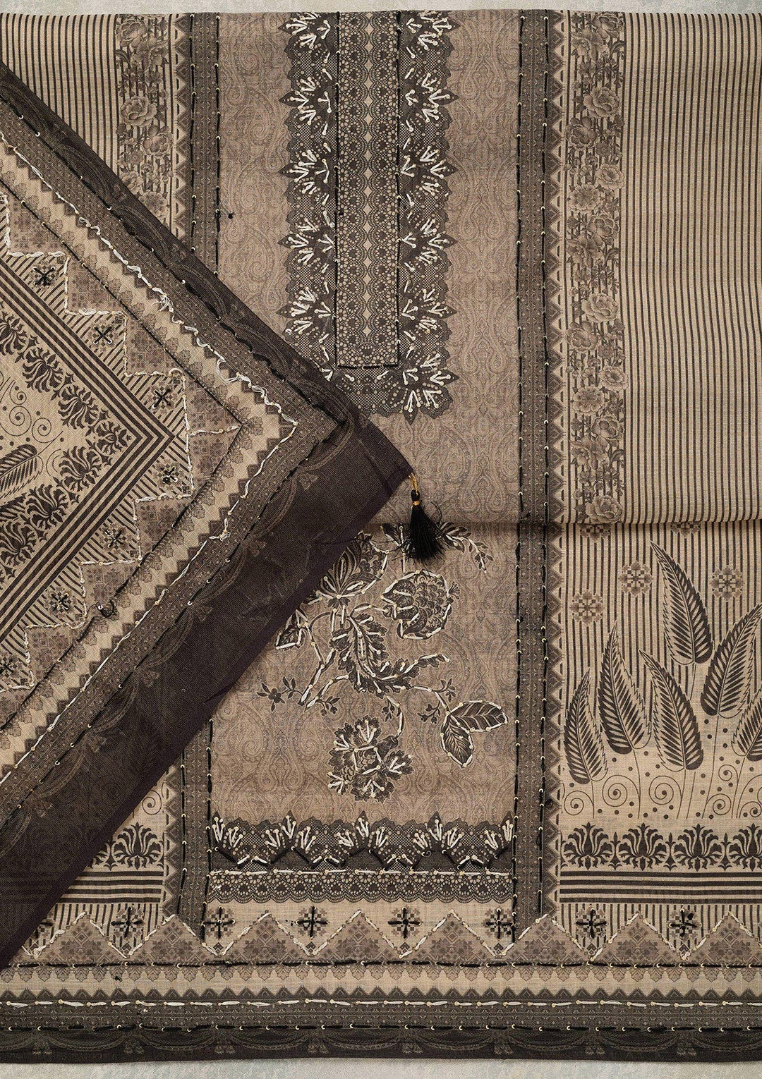 Beige Threadwork Chanderi Unstitched Salwar Suit_koskii