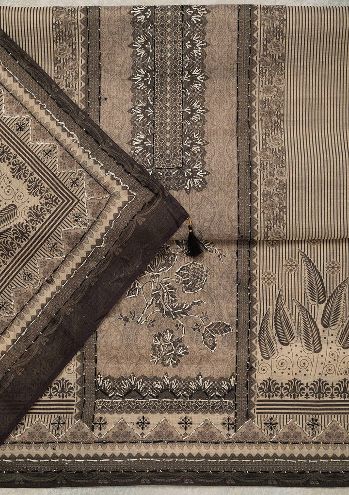 Beige Threadwork Chanderi Unstitched Salwar Suit_koskii